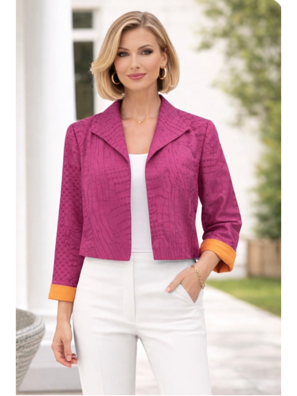 Cold water creek Pink Open Front Cropped Blazer Jacket Pockets Long Sleeve